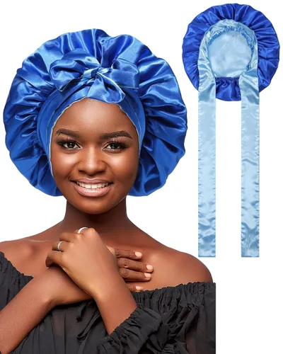 AWAYTR Gorro de satén de seda para dormir para mujeres con cabello rizado, gorro de dormir reversible de doble capa con banda de amarre (azul) 7