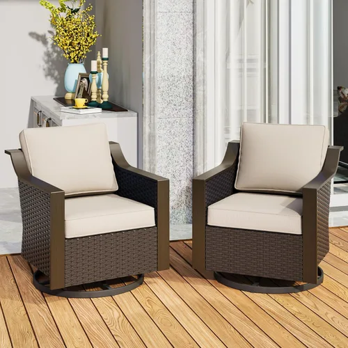 Juego de 2 sillas giratorias de metal para patio, juego de muebles de conversación de mimbre, tapizados y mecedoras deslizantes de 360 grados, ratán