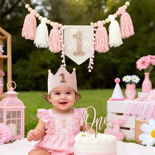 Miniatura 4 de Banner de Silla Alta con Margaritas Bohemias Primer Cumpleaños Niña Para Decoraciones de Primera Fiesta Conjunto Con Adorno de Pastel Hecho a Mano
