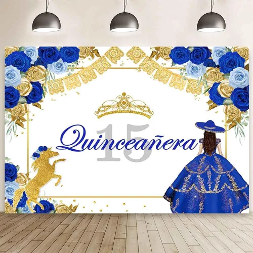 AIBIIN Fondo de quinceañera azul de 7 x 5 pies para quinceañera para cumpleaños de 15 años, telón de fondo de fiesta mexicana, corona de rosa,