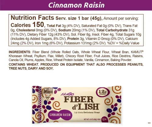 Miniatura 2 de NuGo Fiber d'Lish Canela y Pasas, 12g de Fibra Alta, Vegano, 150 Calorías, 16
