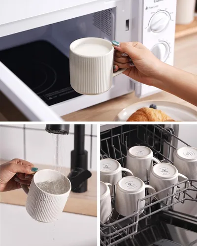 Miniatura 6 de Juego de Tazas de Café Famiware para 6, Tazas de 12 oz con Asa para Café, Té, Cacao, Leche - Juego de Vajilla de Cerámica y Gres, Blanco Mate Blanco