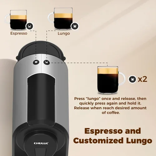 Miniatura 3 de CHULUX Máquina de café expreso compacta, cafetera de una sola porción de 20 bares, tamaños de preparación doble para espresso y lungo, preparación