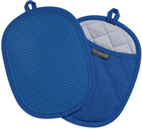 Paquete de 2 soportes de silicona para ollas de cocina resistentes al calor hasta 500 °F, almohadillas calientes grandes antideslizantes con Azul