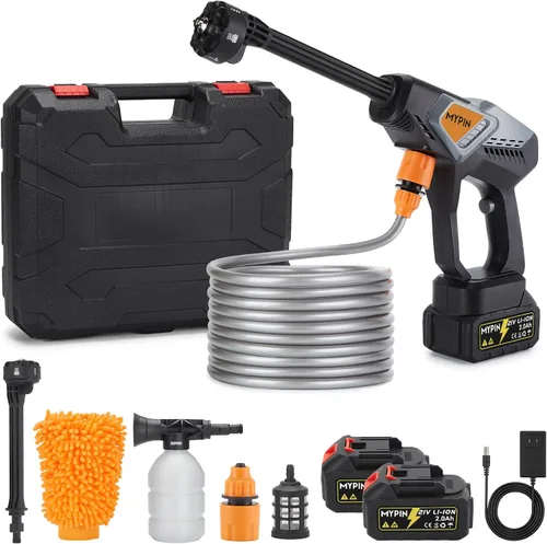 Lavadora a presión inalámbrica portátil, 600PSI Lavadora de coche de mano dos baterías | 21V Rechargeable 2.0Ah Powered Pressure Washer, 6-in-1