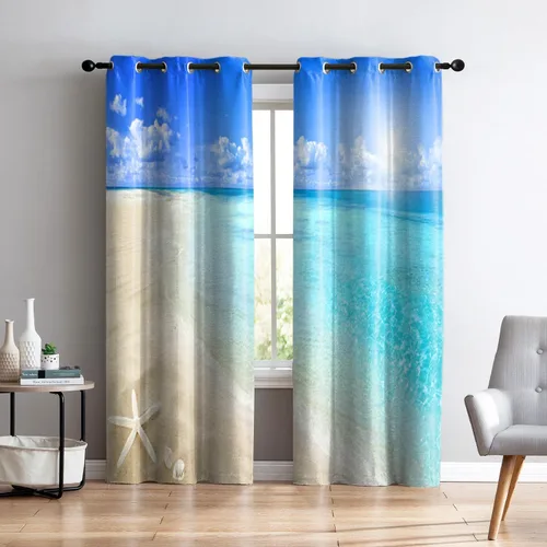 Miniatura 24 de Renaiss Cortinas opacas con diseño de mar tropical, nublado, cielo azul y verde azulado, estrella de mar transparente en playa arenosa, sala