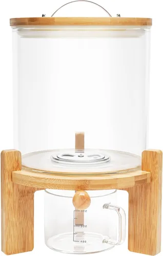 Dispensador de arroz de vidrio 5L Contenedores de cereales Dispensador de almacenamiento con válvula y soporte de madera
