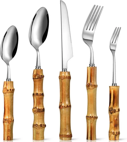 Miniatura 11 de Eboot Juego de cubiertos de bambú 18/8 de acero inoxidable, juego de vajilla natural, juego de utensilios de cocina, cubiertos con mango de bambú