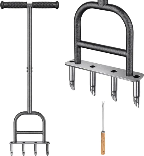 Herramienta aireadora de extracción de césped, aireador de enchufe manual de 4 núcleos de acero inoxidable para aireación de patio y césped,