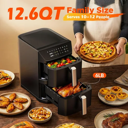 Miniatura 5 de Freidora de aire de doble cesta, 12.6QT de tamaño familiar para 10–12 personas, cesta XL para pollo entero de 6LB, diseño compacto DoubleStack
