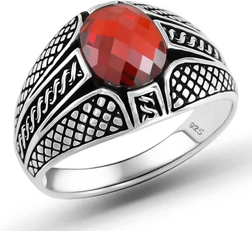 Anillo de lujo de plata de ley 925 maciza con circonita cúbica ovalada facetada color rubí Cz para hombre, Metal Metal Piedra, circonita