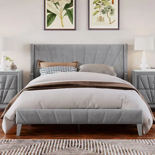 Miniatura 9 de Marco de cama tapizado de terciopelo contemporáneo con acolchado de canal y ribete de cabeza de clavos, no necesita somier (negro, matrimonial)