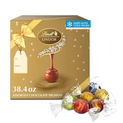 Lindt LINDOR - Caja de regalo de 90 trufas de chocolate surtidas, caramelo de chocolate con centro de trufa suave y derretida, caja de 38.4 onzas