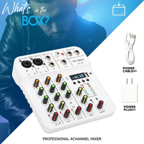 Miniatura 7 de Mezclador de audio de 4 canales pequeño, consola de mezcla de mesa de sonido con USB digital Bluetooth alimentación fantasma de 48V y eco, pequeña