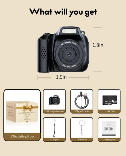 Miniatura 6 de FLATIC Mini cámara con llavero – Cámara digital pequeña 4K con tarjeta de 32 GB y elegante caja de regalo, divertido dispositivo de bolsillo