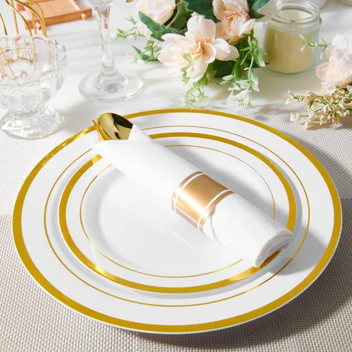 Miniatura 2 de JollyPack 100 platos desechables de plástico dorado para fiesta, incluyendo 50 platos llanos de 10 pulgadas y 50 7 pulgadas para postre, ideal