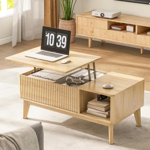 Miniatura 8 de LYNCOHOME Mesa de Centro con Tapa Elevable Acanalada con Almacenamiento, Mesa de Centro Moderna para Sala de Estar, Oficina en Casa (Natural)