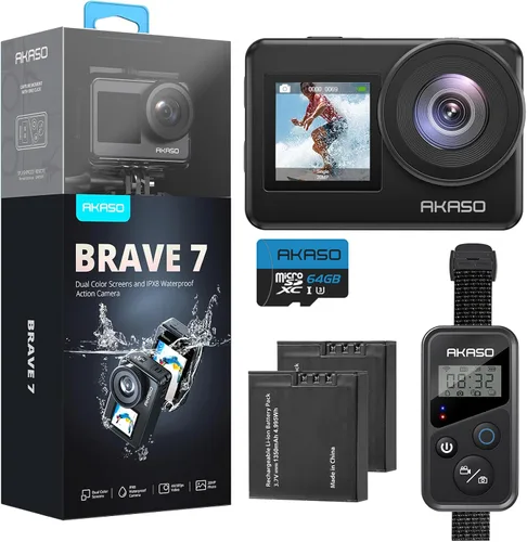 AKASO Brave 7 Cámara de acción 4K30FPS 20MP con tarjeta de memoria MicroSDXC U3 de 64 GB, cámara impermeable con pantalla táctil IPX8 33 pies EIS