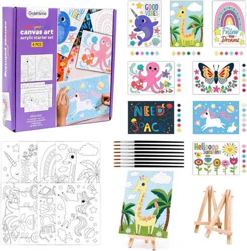 goldentime Juego de 8 lienzos predibujados de 5 x 7 pulgadas, pintura por números para niños, 48 pinturas, 8 pinceles, 2 caballetes, kit de pintura