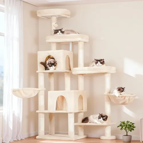 Hey-brother - Árbol rascador para gatos con torre, postes rascadores con parte extendida, plataformas anchas, acogedores condominios, hamacas,