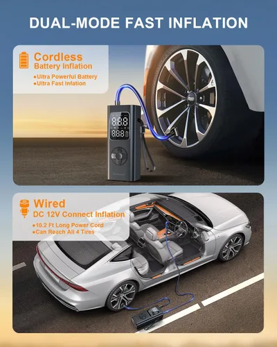 Miniatura 3 de Bomba de Aire para Neumáticos de Coche Compresor de Aire Portátil, Inflador de Neumáticos Inalámbrico de 150 PSI con Batería para Inflar/Cargar