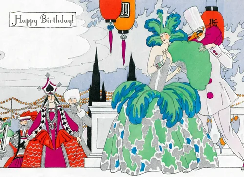 PIXILUV Tarjeta de felicitación de feliz cumpleaños ~ Elegante y glamorosa gente vintage en una magnífica fiesta Art Deco ~ Deseos de cumpleaños