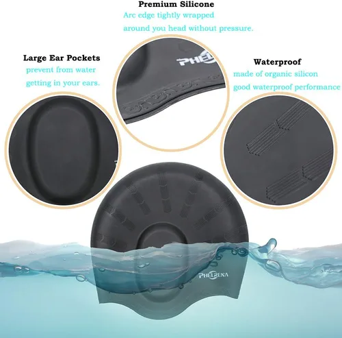 Miniatura 4 de PHELRENA Gorro de natación impermeable de silicona de alta calidad, orejeras de pelo largo, flexible y reversible para adultos, niños, mujeres