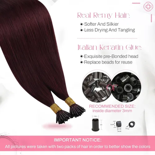 Miniatura 3 de Moresoo Extensiones de cabello humano con punta en I Tip, extensiones de cabello humano real color rojo vino, Itip para boda, 0.8 gm/hebra, 50