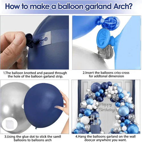 Miniatura 3 de Kit de arco de globos azul, blanco y plateado, globos azul marino y blancos con globos metálicos de confeti azul claro, azul oscuro y plateado, Azul