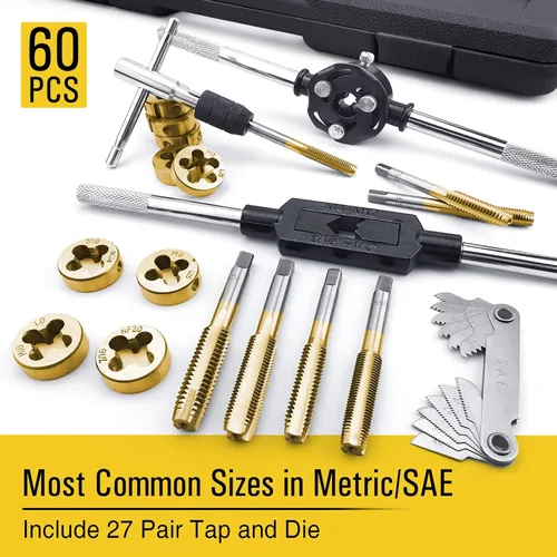 Miniatura 2 de Azuno Juego de 60 piezas métricas y SAE, acero con rodamiento GCr15 recubierto de titanio con mango en T, llave, calibre, destornillador en estuche