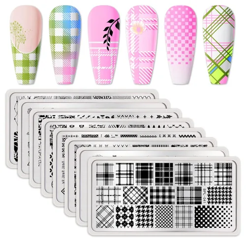 Born Pretty Juego de placas de estampado de uñas, flores a cuadros, hojas, encaje, placas de imagen de arte de uñas de primavera a invierno, kit de