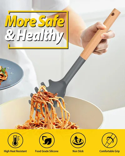 Miniatura 3 de Juego de tenedor y cucharón de silicona para pasta con mango de madera, utensilios de cocina antiadherentes resistentes al calor para cocinar, Gris