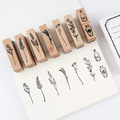 Dizdkizd Juego de 8 sellos de goma de madera vintage, para plantas y flores, para manualidades, diario de letras y álbumes de recortes