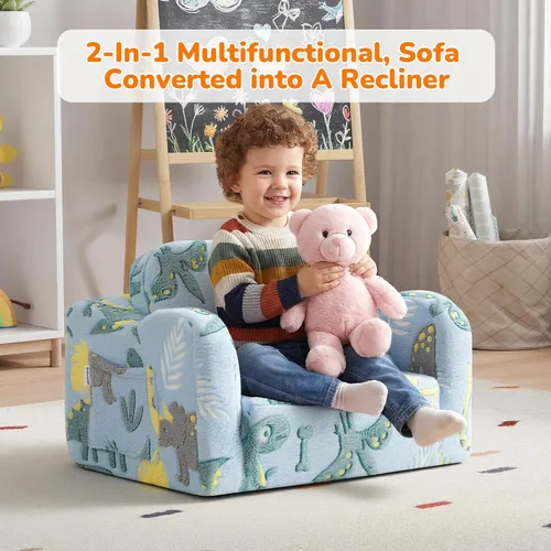 Miniatura 5 de MeMoreCool Silla para niños pequeños – Sofá infantil convertible con diseño de dinosaurio brillante desplegable 1 – 3 años Sofá de espuma suave