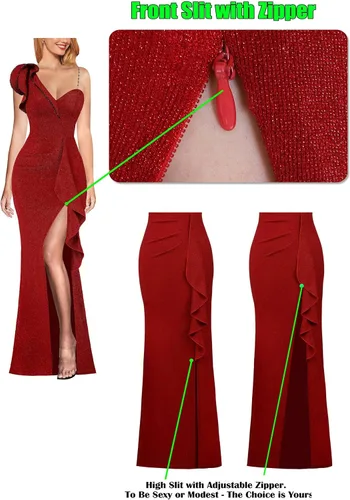 Miniatura 6 de VFSHOW Vestido largo de fiesta formal con volantes y tirantes para el hombro, para mujer, vestido largo sexy con cuello en V dividido para cóctel