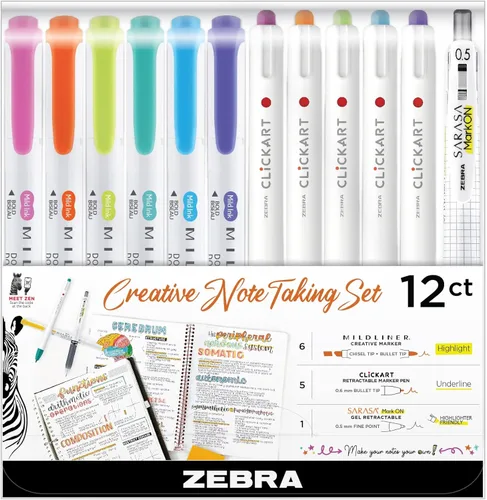 Miniatura 9 de Zebra Pen Creative Highlighting Starter Set, incluye 10 resaltadores y 5 bolígrafos de gel retráctiles Sarasa Clip, colores de tinta surtidos