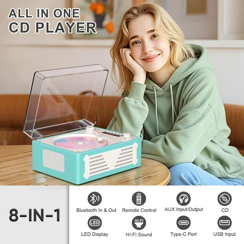Miniatura 4 de Reproductor de CD Bluetooth portátil con altavoz, reproductor de CD retro, pantalla LED, reproducción USB, entrada/salida AUX, recargable, perfecto