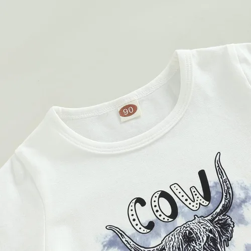 Miniatura 80 de fhutpw Conjunto de camiseta de manga corta con estampado de vaca y pantalones acampanados de dibujos animados para niñas