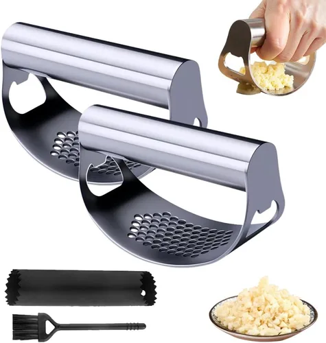Balancín de prensa de ajo, manual portátil de acero inoxidable, trituradora de ajo con tambor de pelado de ajo para utensilios de cocina doméstica