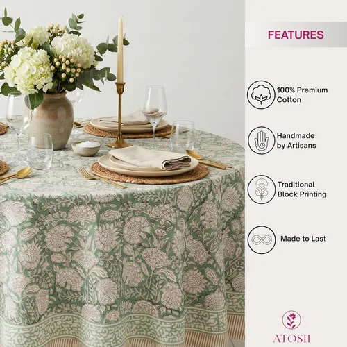 Miniatura 2 de ATOSII Mantel Redondo Bohemio Jade de Algodón 100%, Mantel de Lino con Estampado Floral de Bloques para Comedor, Fiestas, Bodas, Exteriores I