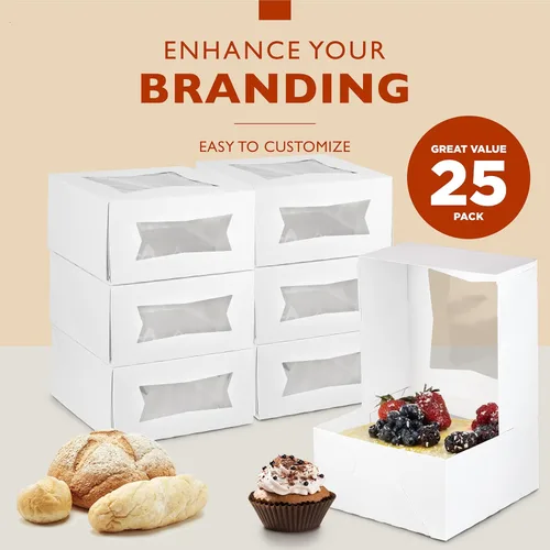Miniatura 3 de Fit Meal Prep Paquete de 25 cajas para pasteles con ventana de 8 x 8 x 4 pulgadas, contenedores de panadería blancos desplegables para postres