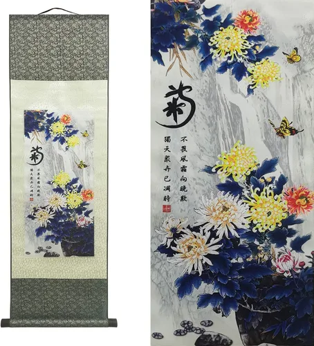 AtfArt Decoración asiática de pared, hermosa pintura de pergamino de seda, 4 flores de hombre justo, orquídea ciruela, bambú, crisantemo, decoración
