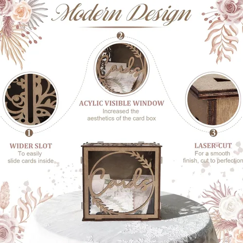 Miniatura 4 de OurWarm Caja de Tarjetas de Boda para Recepción, Cajas de Tarjetas de Boda de Madera con Ventana, Caja de Tarjetas de Regalo de Dinero con Sobre