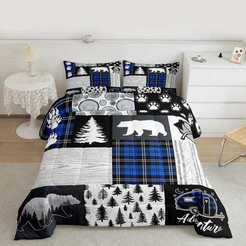 Miniatura 137 de Juego de edredón de cuernos de ciervo tamaño individual, juego de ropa de cama rústica de granja con huellas de oso y pinos para decoración
