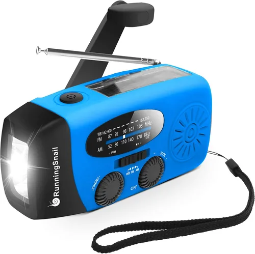 Versión actualizada RunningSnail manivela de emergencia auto alimentada AM/FM NOAA radio solar con linterna LED, cargador de energía de emergencia
