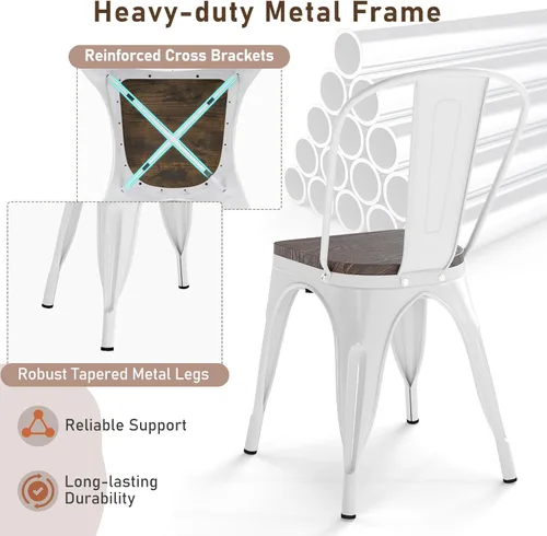 Miniatura 4 de COSTWAY Tolix - Sillas de comedor estilo industrial, apilables, de metal, con asiento de madera, juego de 4 (color blanco y marrón)
