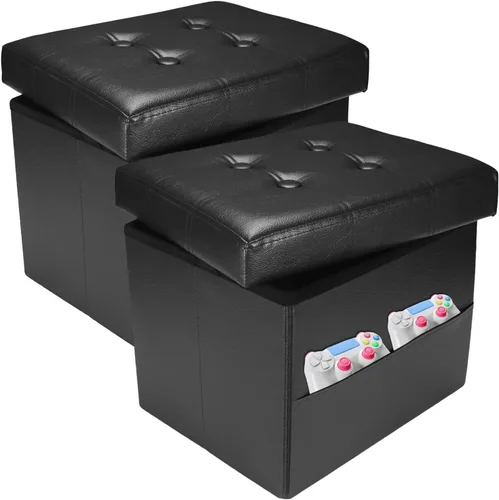Miniatura 9 de Otomana con taburete de almacenamiento, otomana plegable de almacenamiento de 17 pulgadas, reposapiés tapizado de cuero con bolsillos laterales