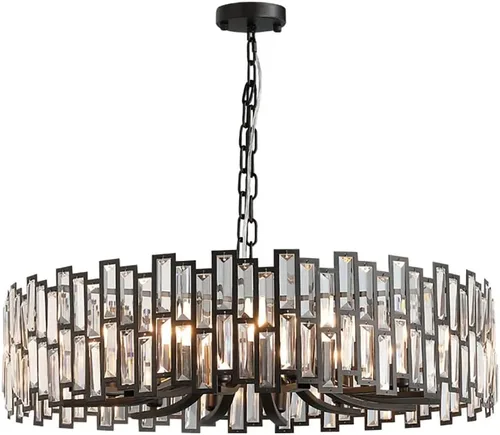 Miniatura 4 de LOVEDIMA Candelabro negro, cristal redondo de 10 luces de altura ajustable para comedor, dormitorio, sala de estar, vestíbulo, isla de cocina