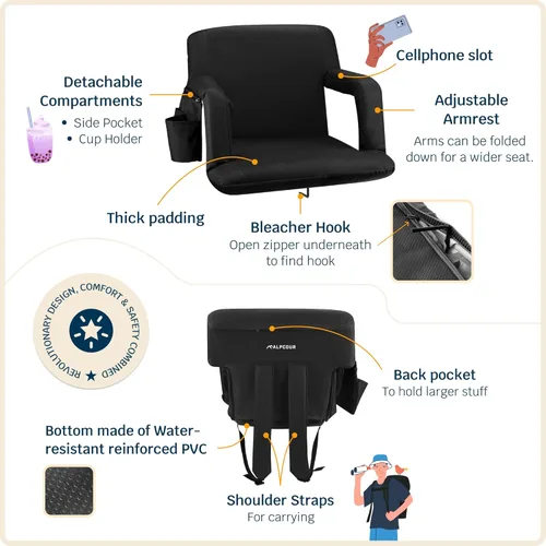 Miniatura 5 de Alpcour Asiento plegable para estadio – Silla de apoyo para adultos amplios reclinables de lujo para adultos para blanqueadores – Mejor extra grueso