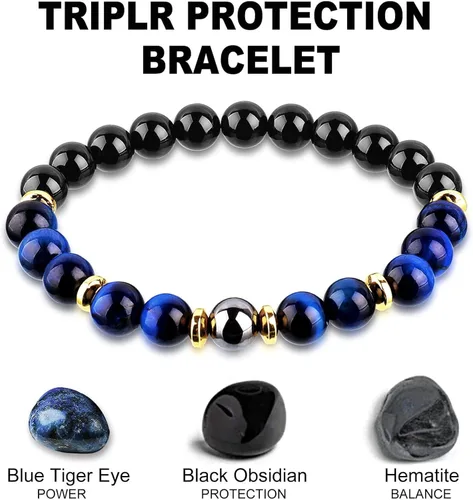 Miniatura 2 de Pulsera de triple protección de buena suerte, para hombres y mujeres, ojo de tigre azul, obsidiana negra, hematita, riqueza, prosperidad, felicidad
